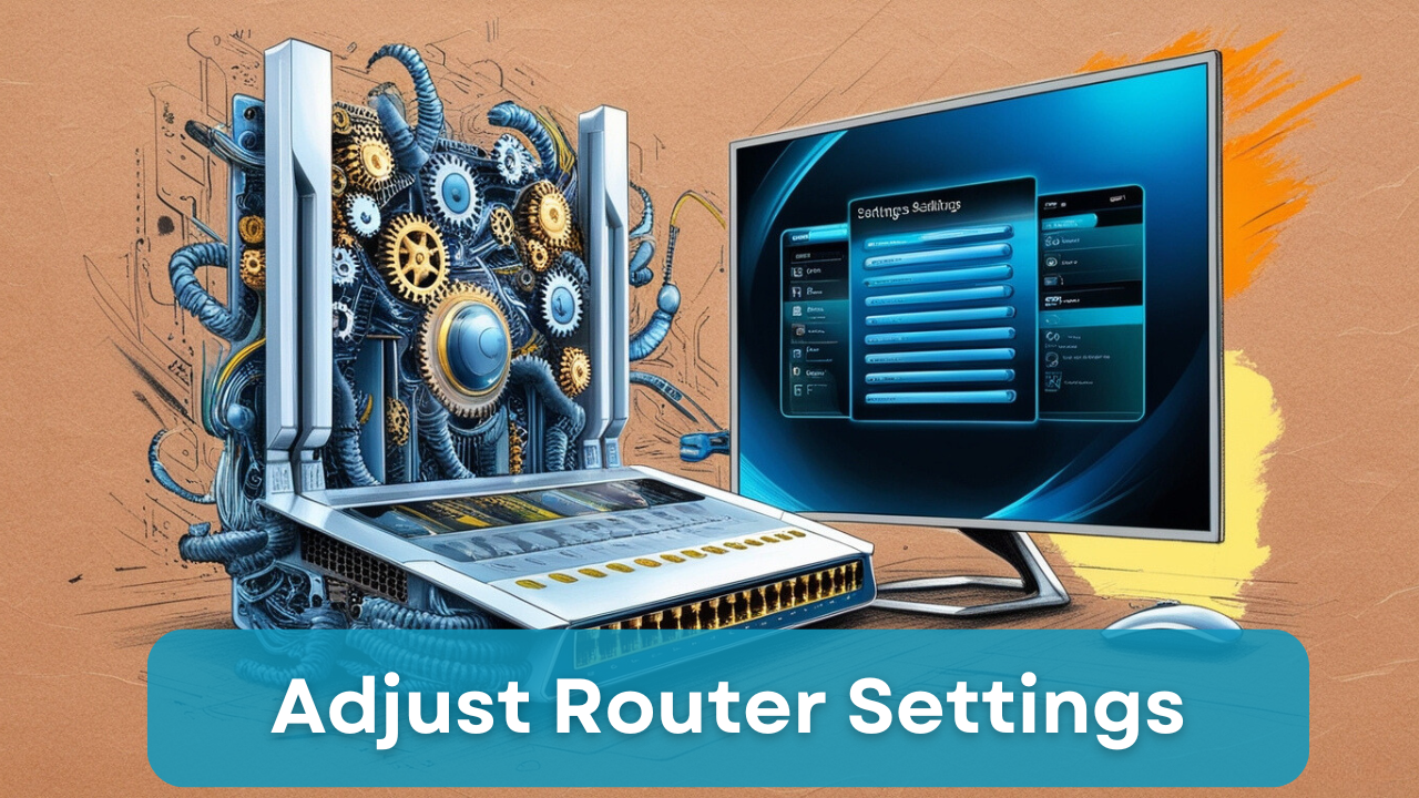 Illustration of adjusting router settings with a central router, gears, sliders, switches, and a settings interface on a screen