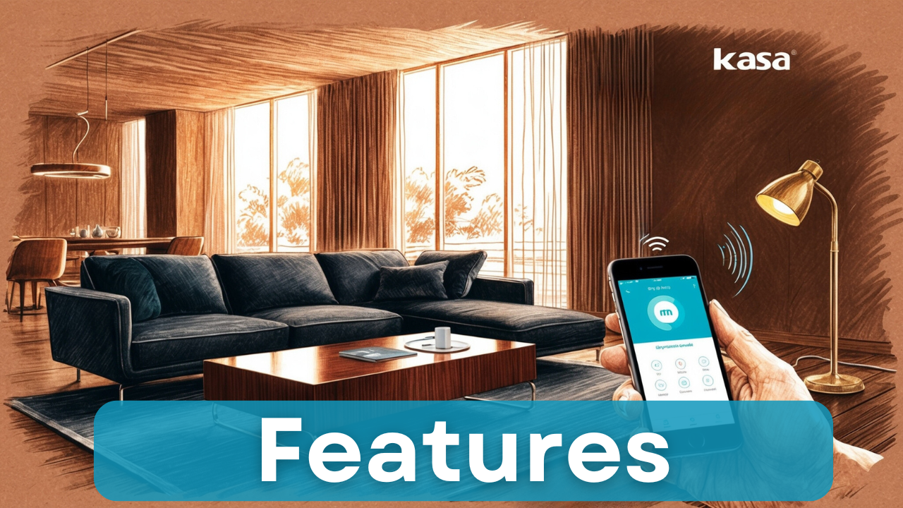 A modern living room demonstrating Kasa TP-Link Smart Switch features, including remote control via a smartphone app, voice assistant integration, energy monitoring, and scheduling