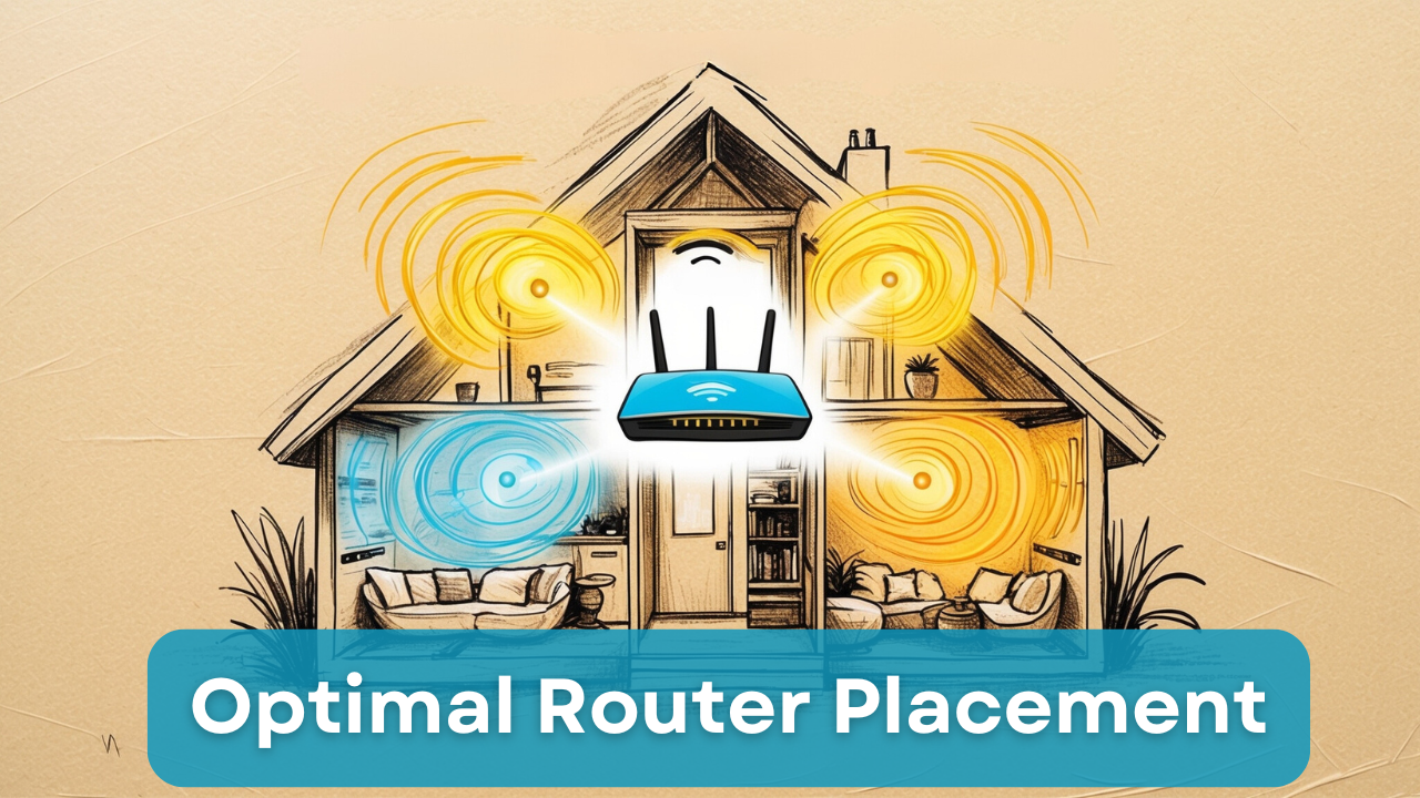 Illustration of optimal router placement showing a router emitting Wi-Fi signals in a house layout with ideal and sub-optimal zones