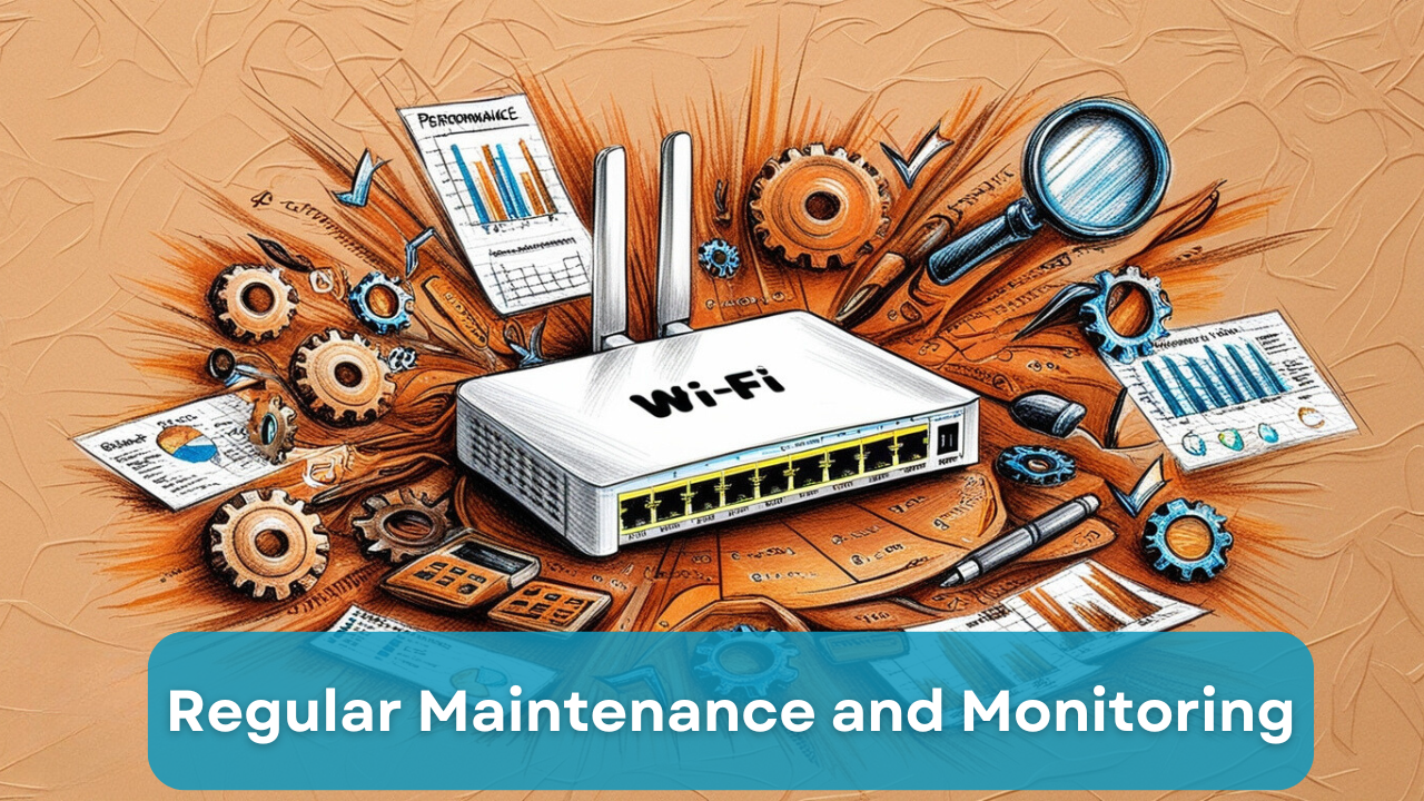 Illustration of regular maintenance and monitoring with a Wi-Fi router, gears, checkmarks, magnifying glass, and performance charts