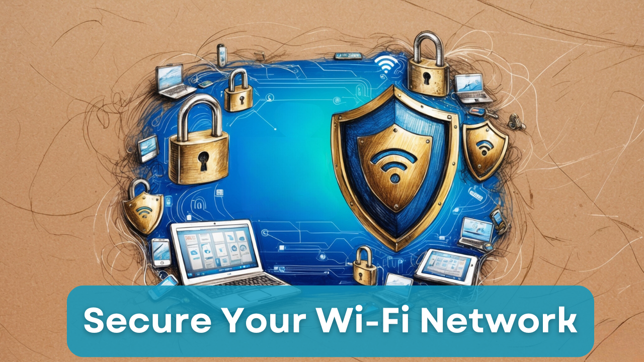 High-tech illustration of a secure Wi-Fi network with symbols of padlocks, shields, and connected devices