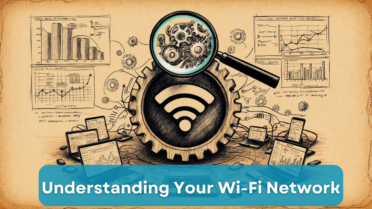 Illustration of understanding a Wi-Fi network with a Wi-Fi symbol, magnifying glasses, gears, graphs, and connected devices