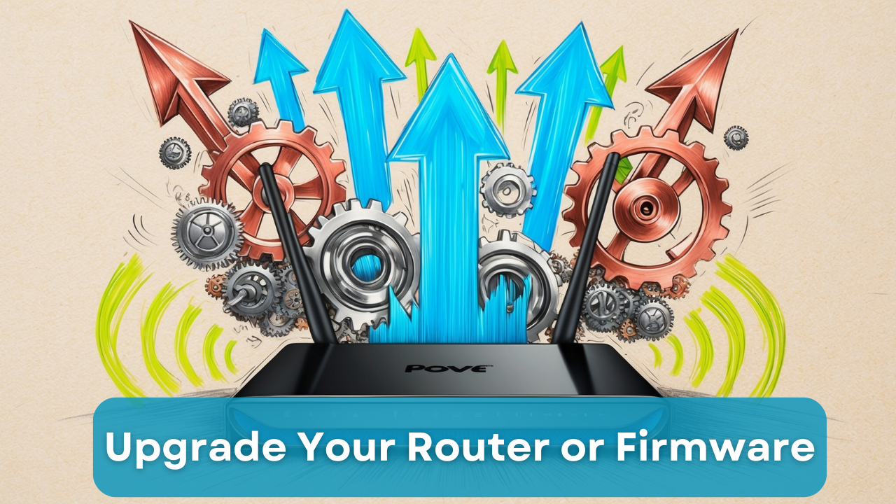 Illustration of upgrading a router or firmware, with a router, upward arrows, gears, progress bar, and Wi-Fi signals