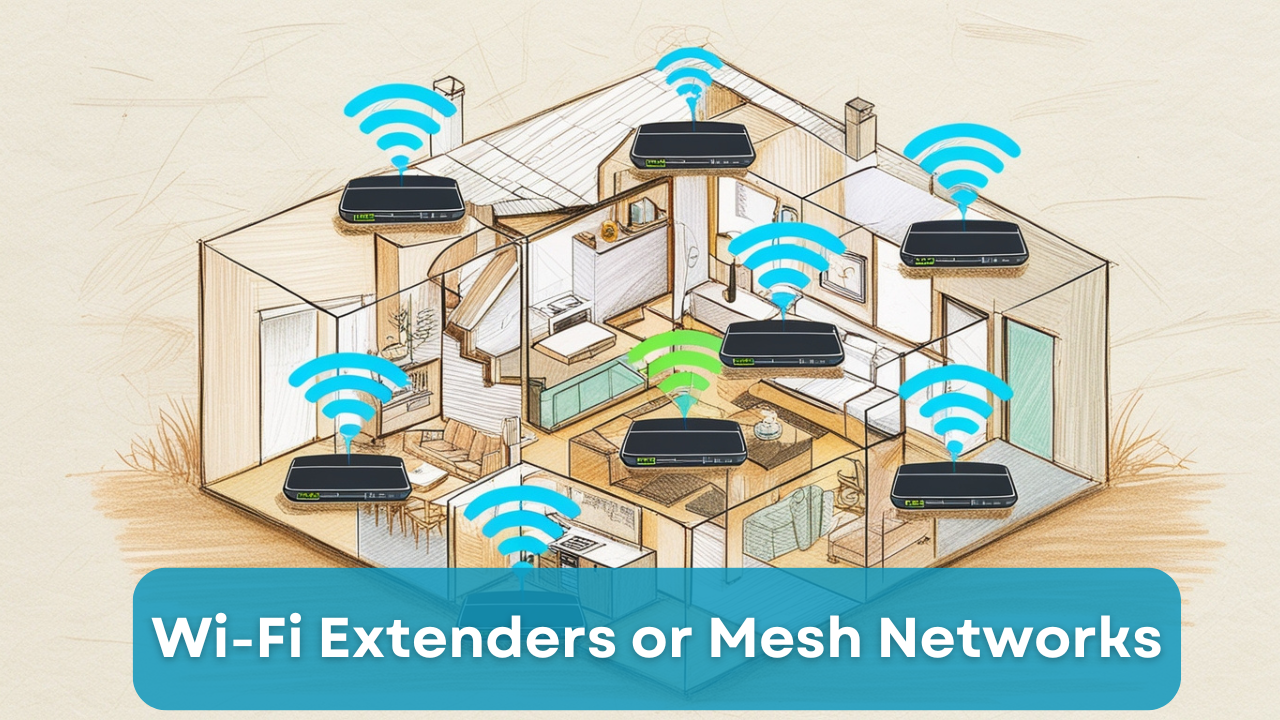 Illustration of Wi-Fi extenders or mesh networks with interconnected routers in a house layout, showing seamless signal coverage.