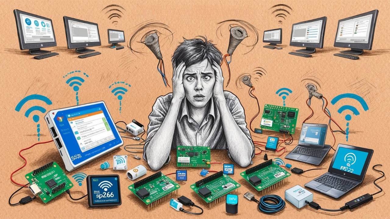 A person surrounded by ESP32 and ESP8266 boards, sensors, and gadgets, appearing confused.