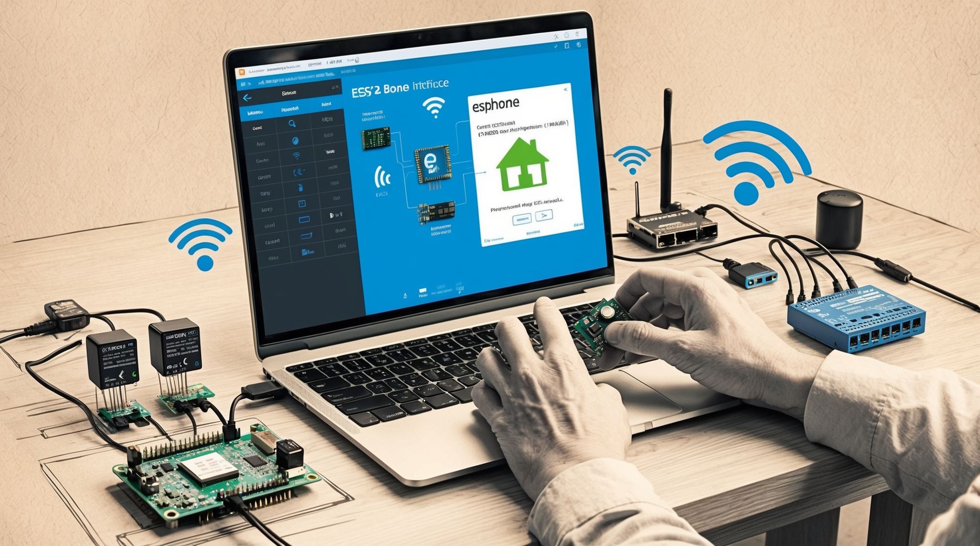 A person at a desk connecting an ESP32 board to a laptop displaying the ESPHome interface. 