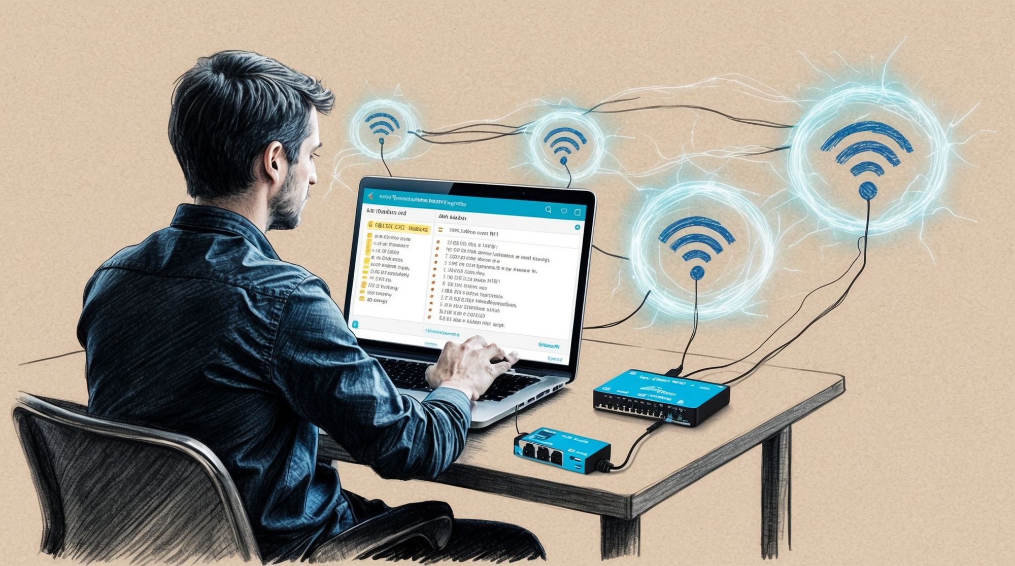 A person sitting at a desk, troubleshooting ESPHome issues on a laptop displaying error logs.