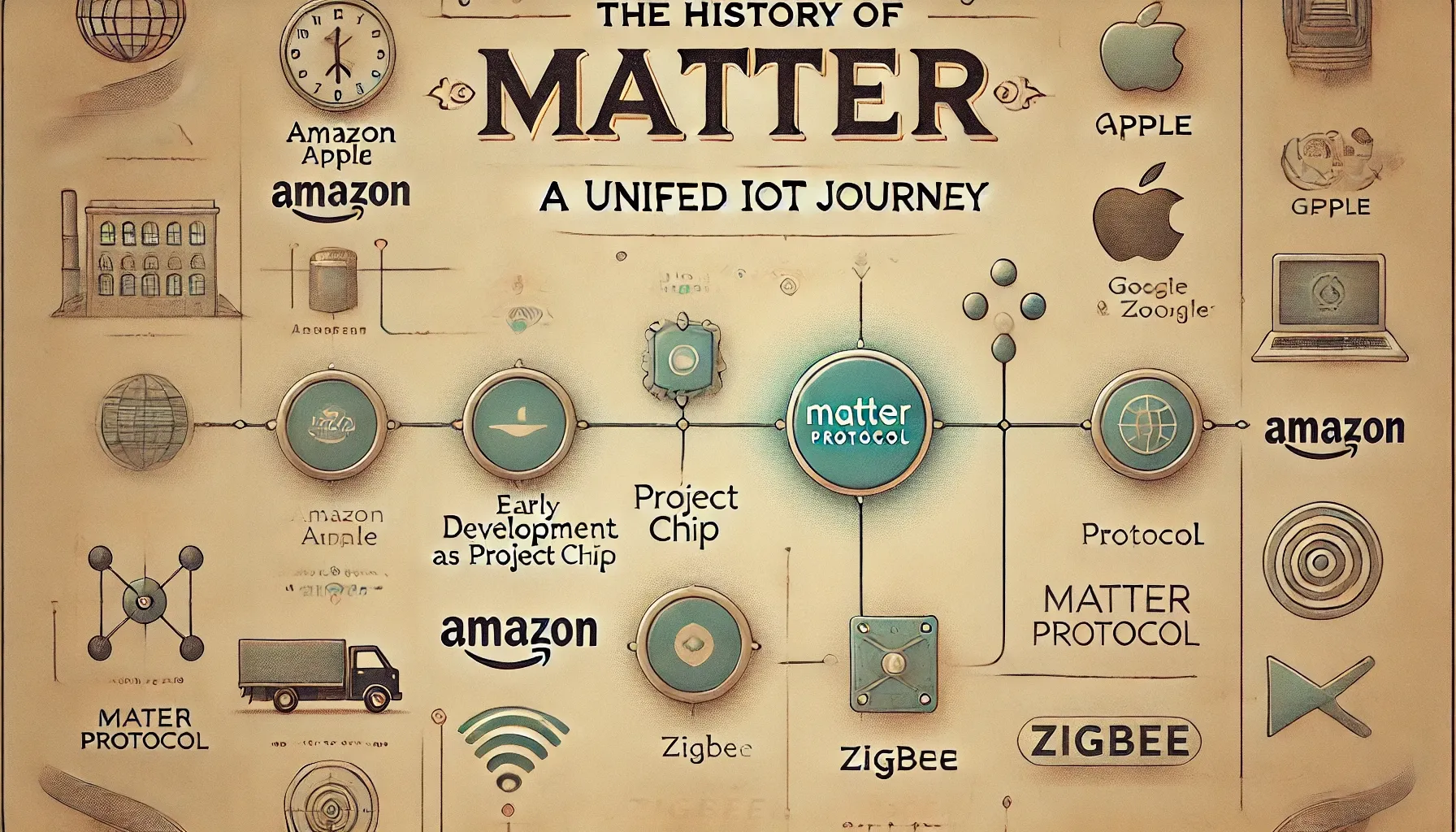 Vintage-style timeline illustration of Matter's development from Project CHIP