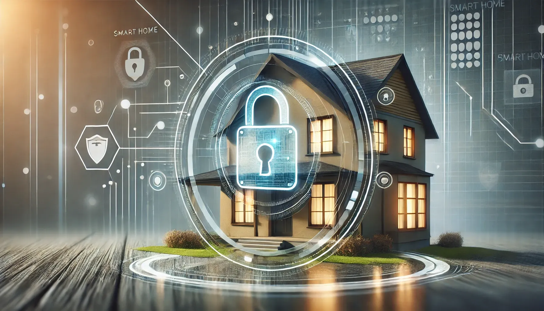 Digital painting of a home with lock and shield symbols representing smart home security and privacy