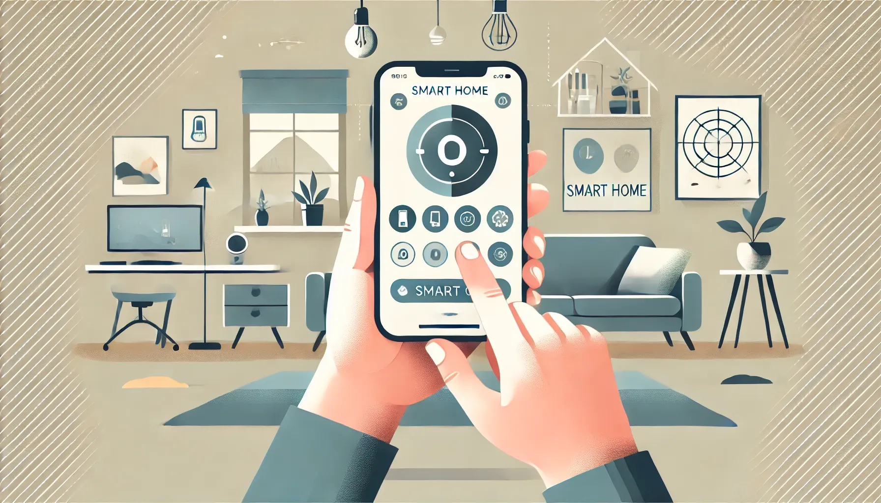 Minimalist illustration of a person using a mobile app to control a smart home device