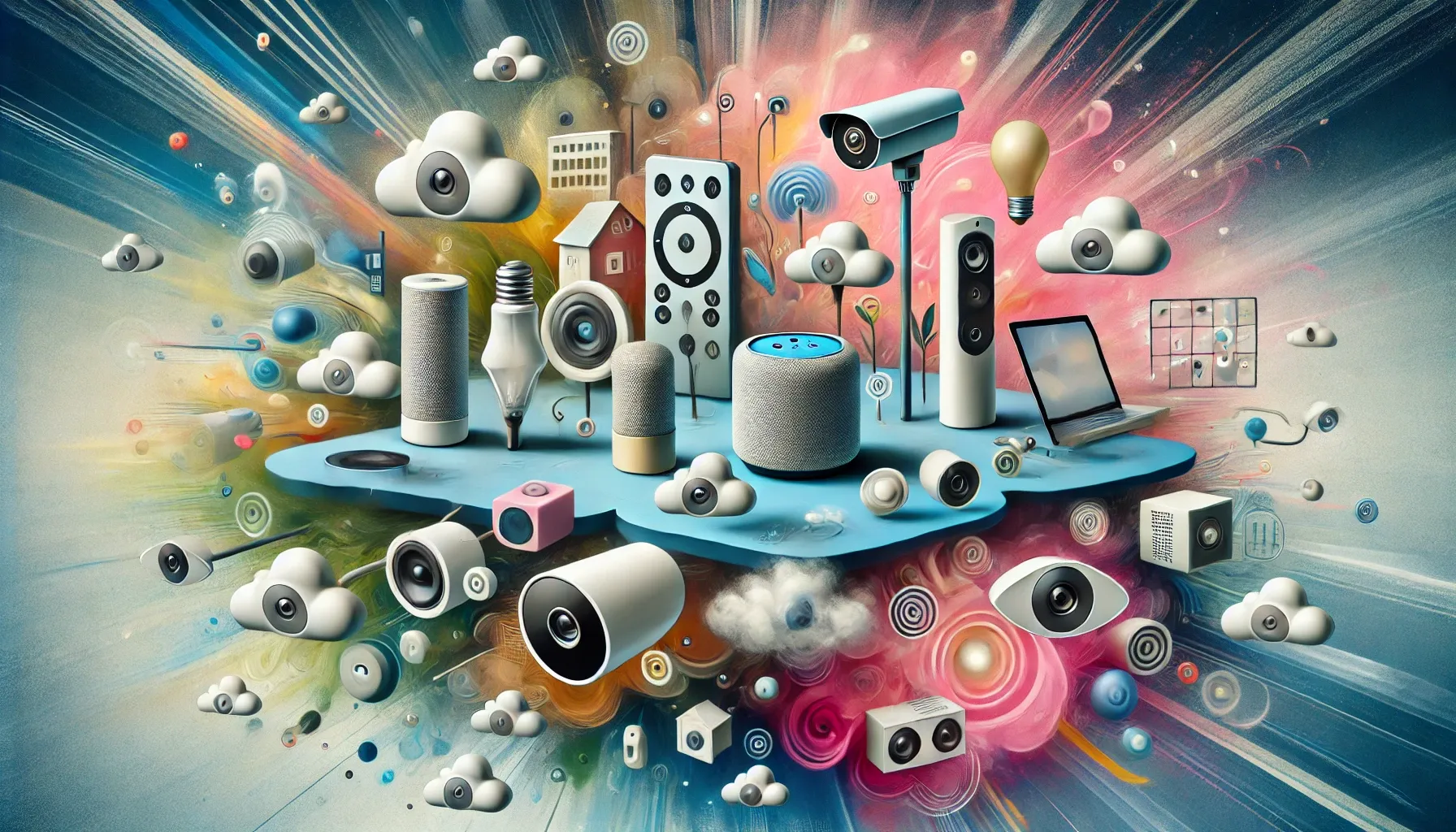 Surrealist illustration of smart home devices from different brands floating in abstract space, symbolizing compatibility