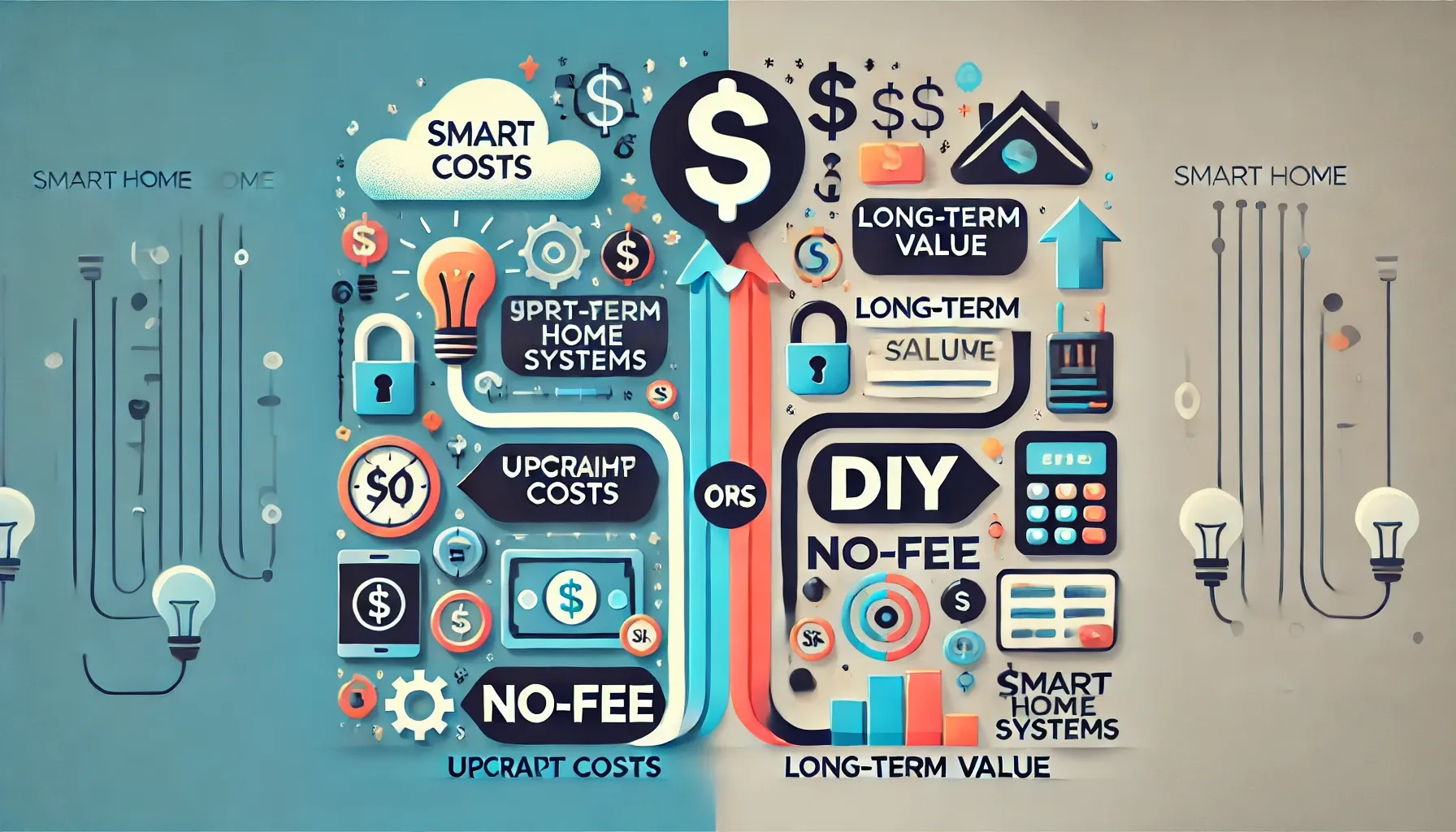 Conceptual painting showing dollar signs for costs and DIY symbols for savings in smart home systems