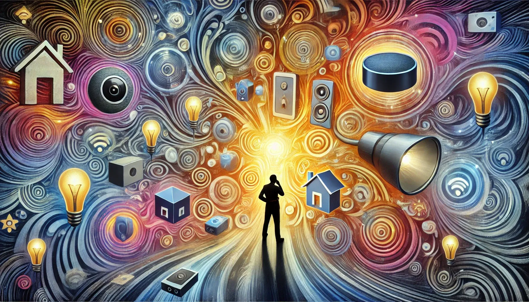 Surrealist illustration of a person surrounded by smart home device icons, symbolizing decision-making