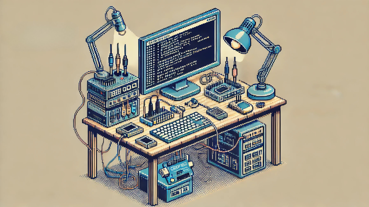 Pixel art of a DIY open-source smart home setup with components, wiring, and code display