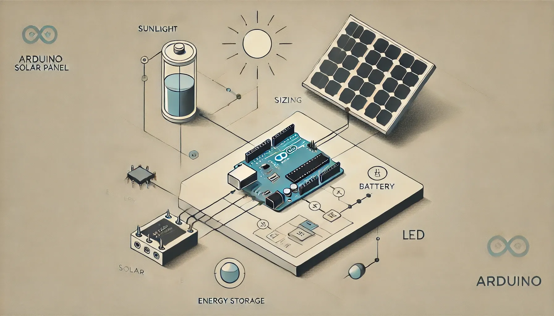 Diagram of Arduino solar setup with solar panel, battery, and energy flow indicators