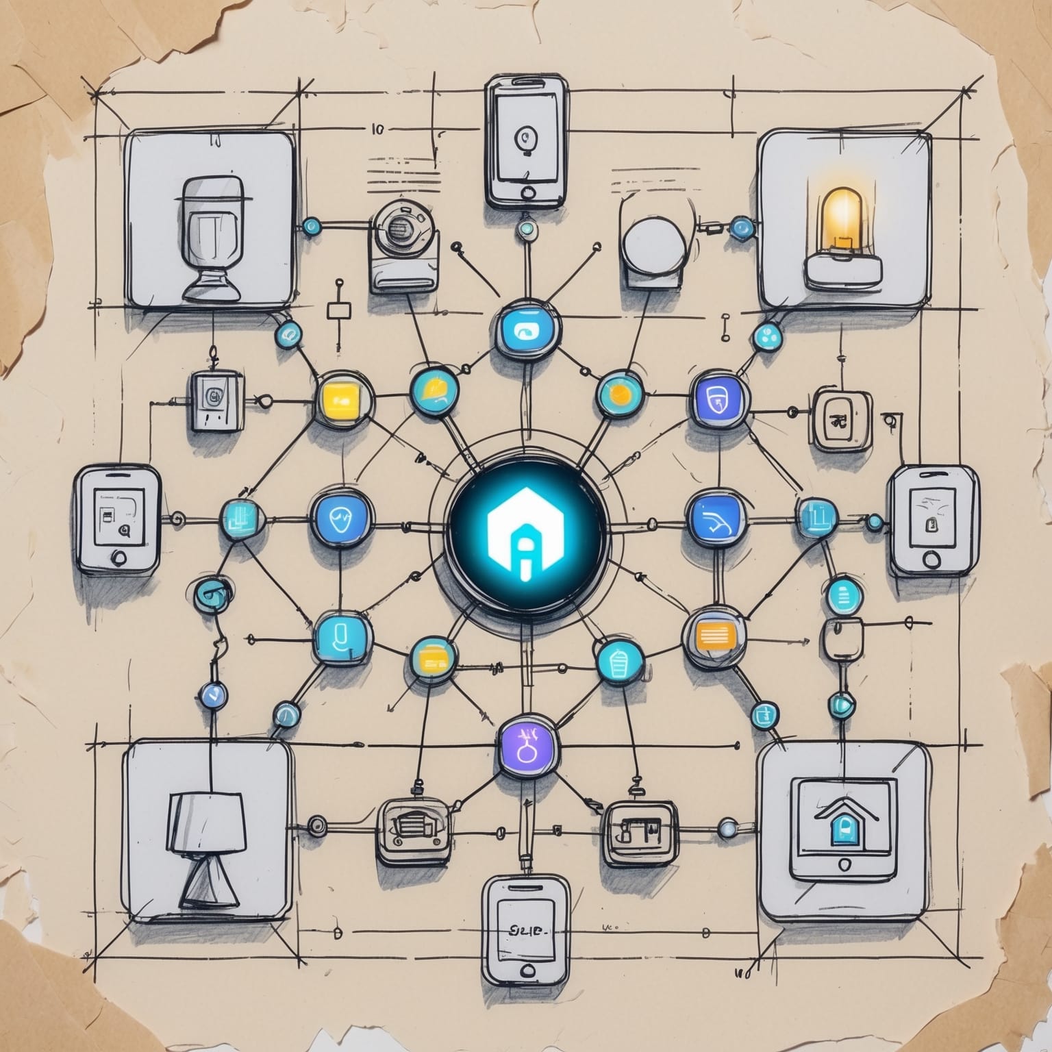 Illustration of a smart home network with interconnected devices and Home Assistant as the central hub