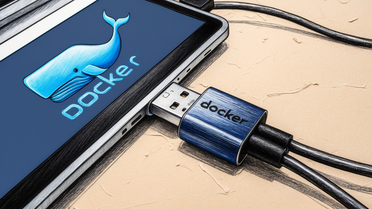 USB connected to laptop running Docker, with logo visible, representing the process of passing a USB device to a container