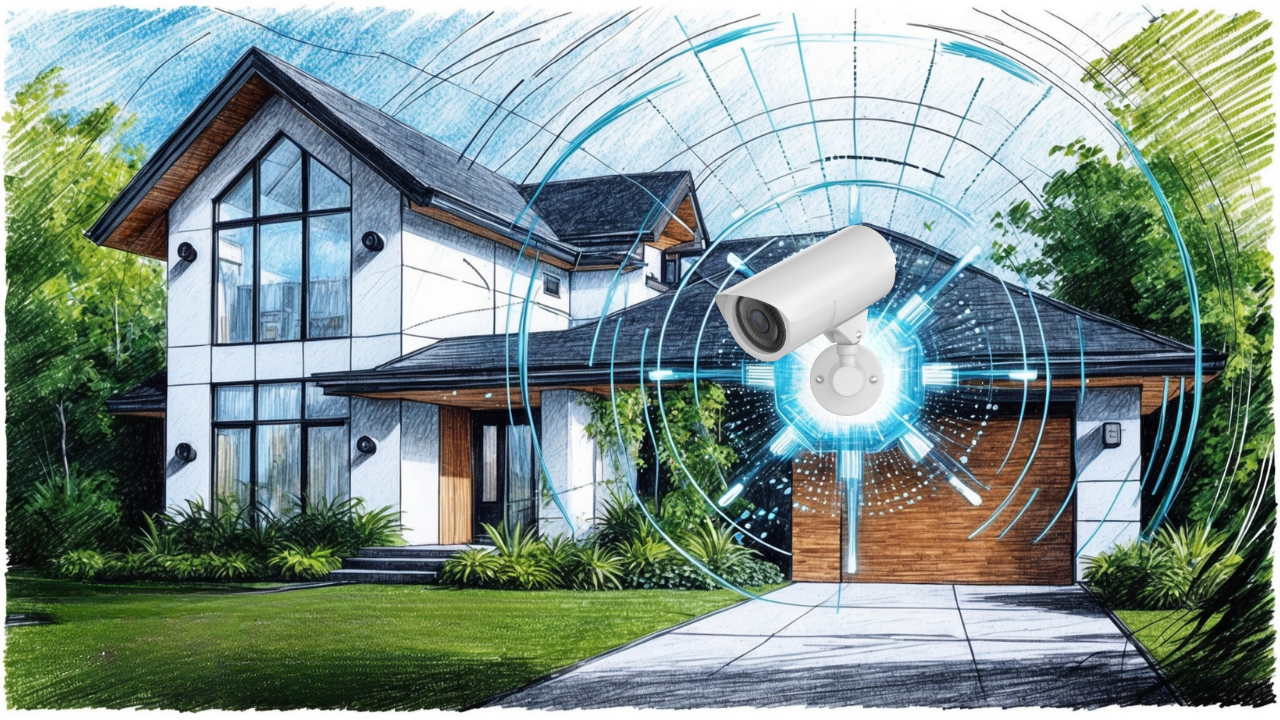 Modern home with security camera over looking front yard, with concentric blue rings radiating outwards 