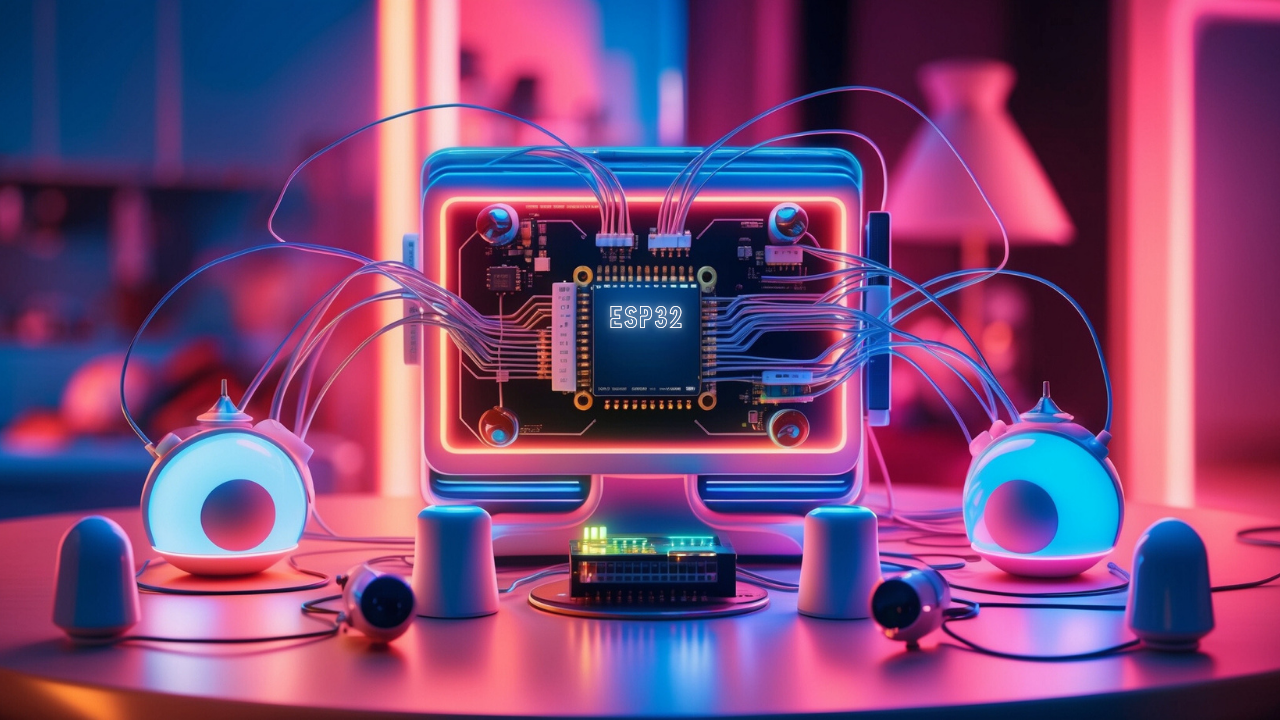 A futuristic setup of an ESP32 micro-controller wired to various sensors, glowing in neon colours