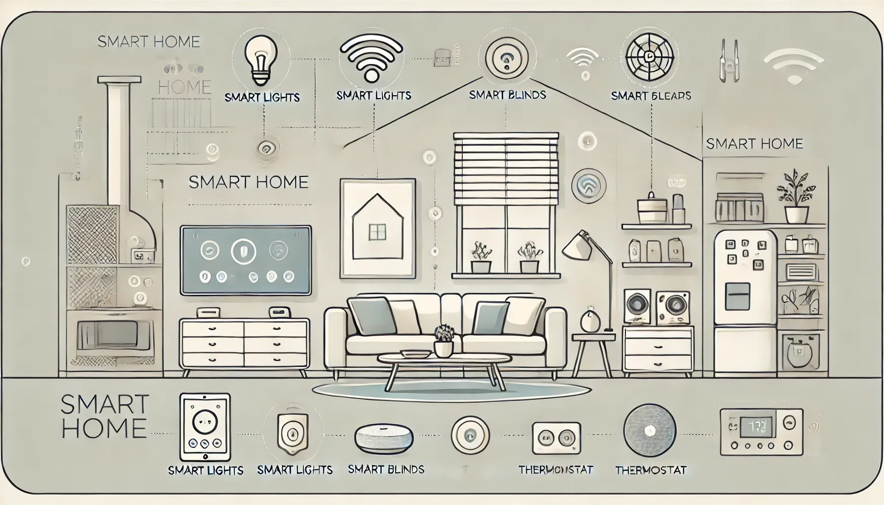 Minimalist smart home setup with Home Assistant devices for lighting, blinds, thermostat, and automation icons