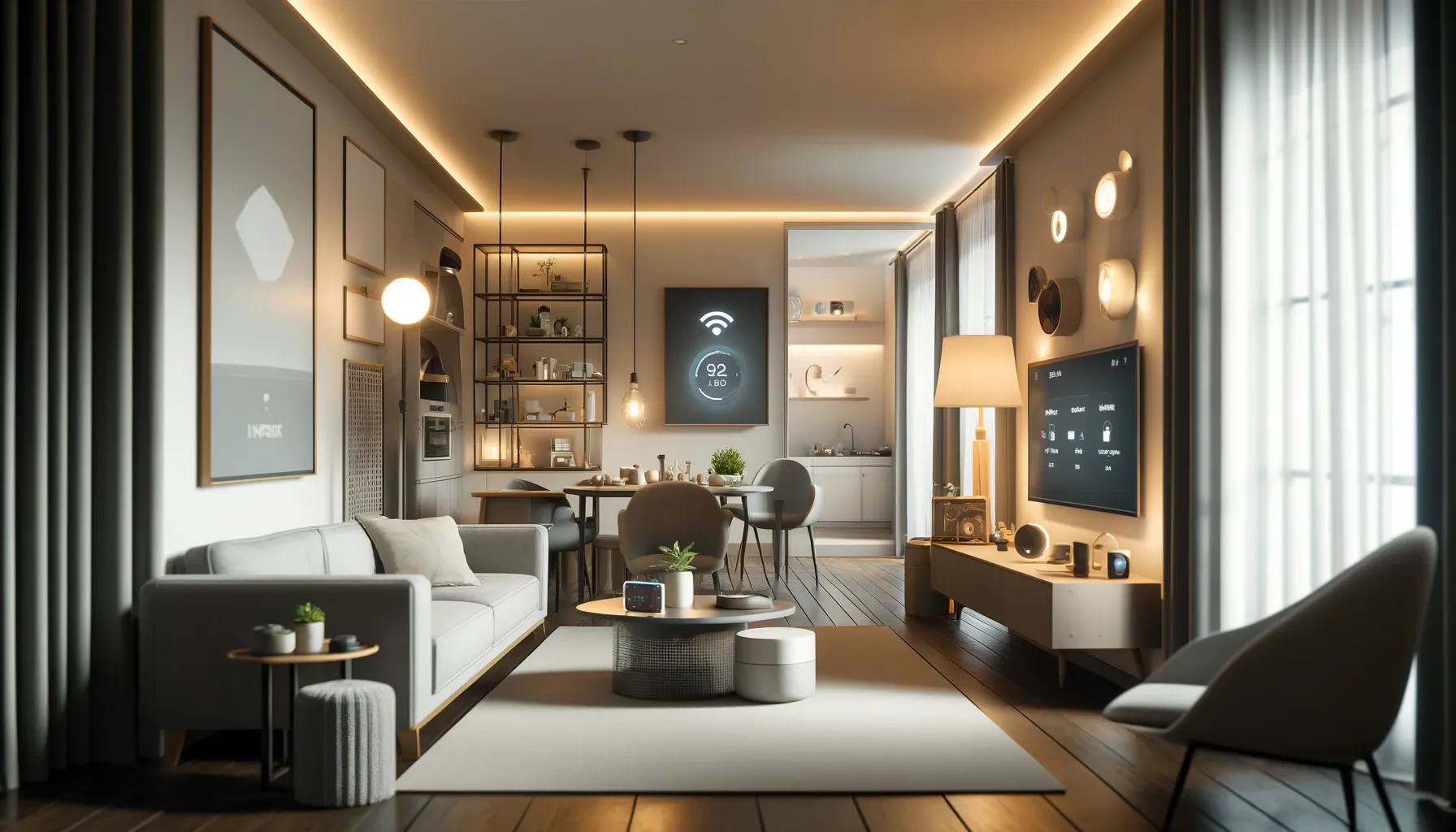 Cozy modern living room with smart home devices like a speaker, lights, and thermostat