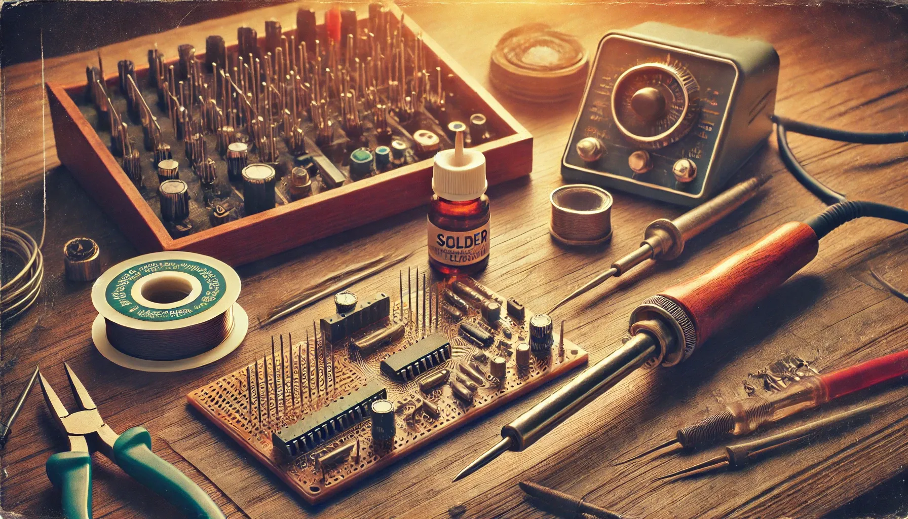 Vintage soldering workstation with iron, circuit board, solder wire, and flux in retro style