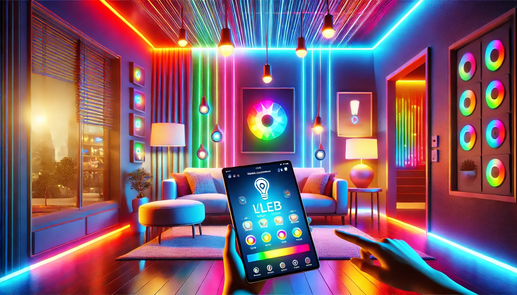 Modern living room with colorful WLED lighting controlled by Home Assistant on a tablet