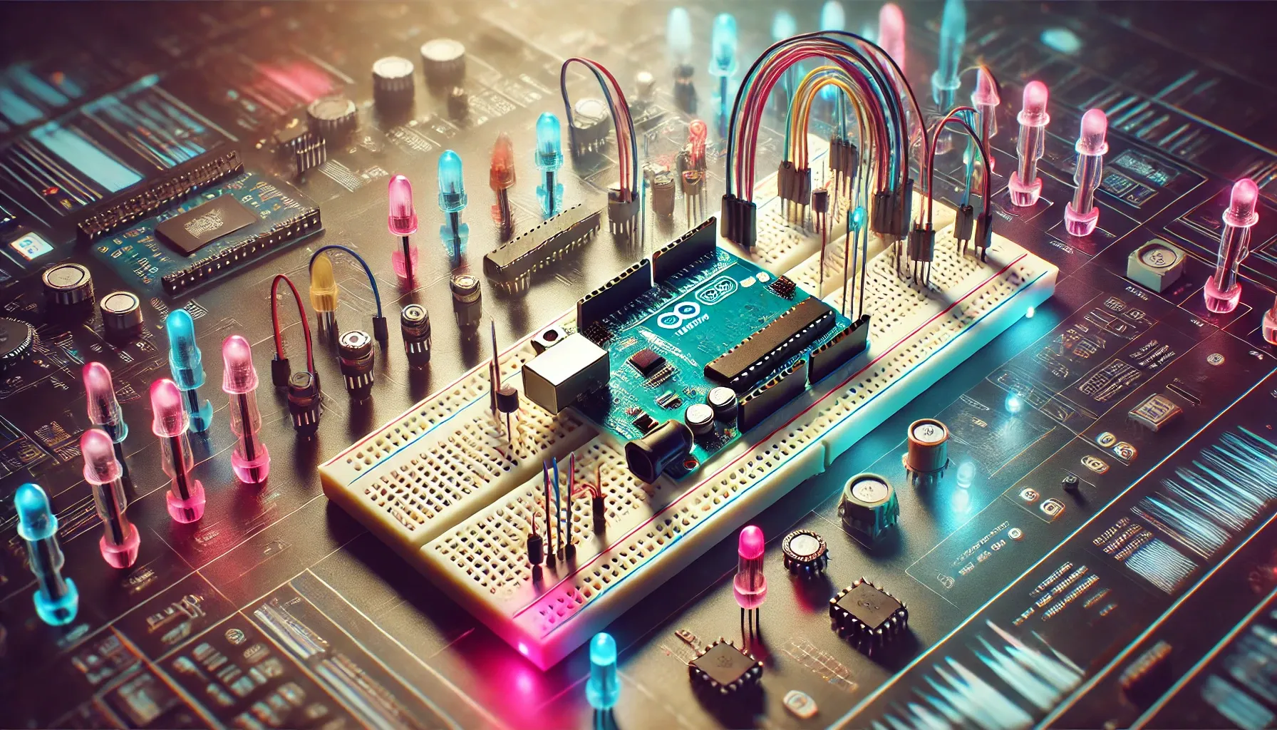 Cyberpunk Arduino board setup with glowing components and neon colors in a minimalist workspace