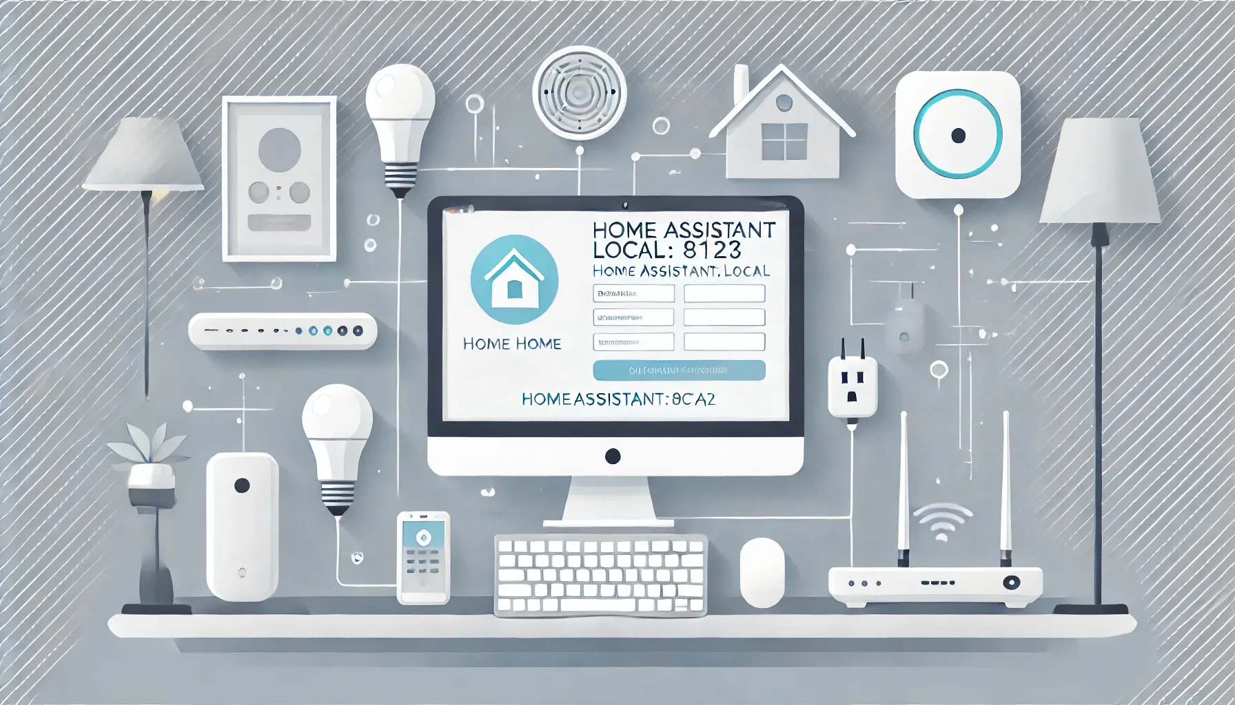 Illustration of a smart home network with devices and Home Assistant login screen