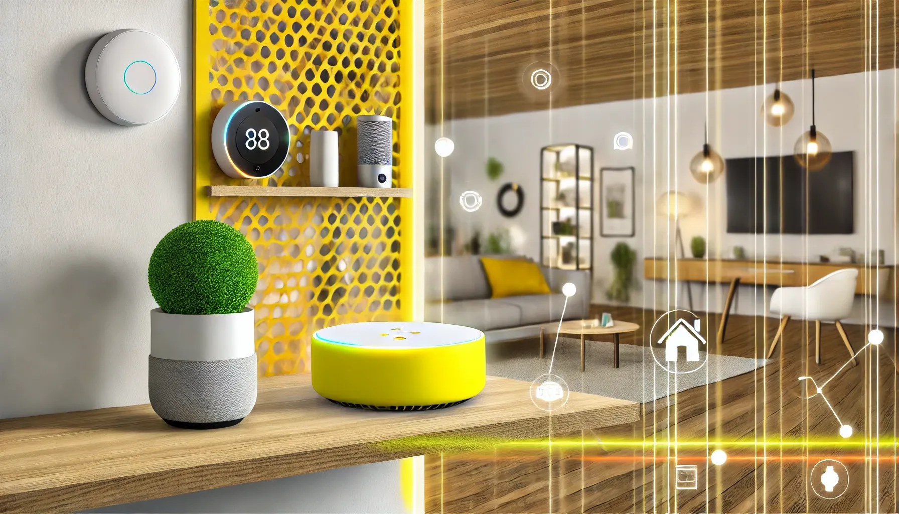 Modern smart home setup with Home Assistant Yellow hub on a shelf, surrounded by connected devices and soft lighting