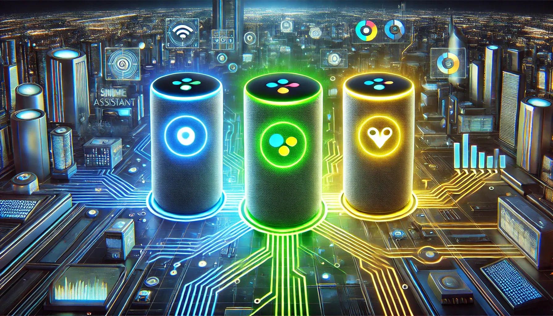 Futuristic cyberpunk illustration of Home Assistant Blue, Green, and Yellow devices glowing with neon circuits