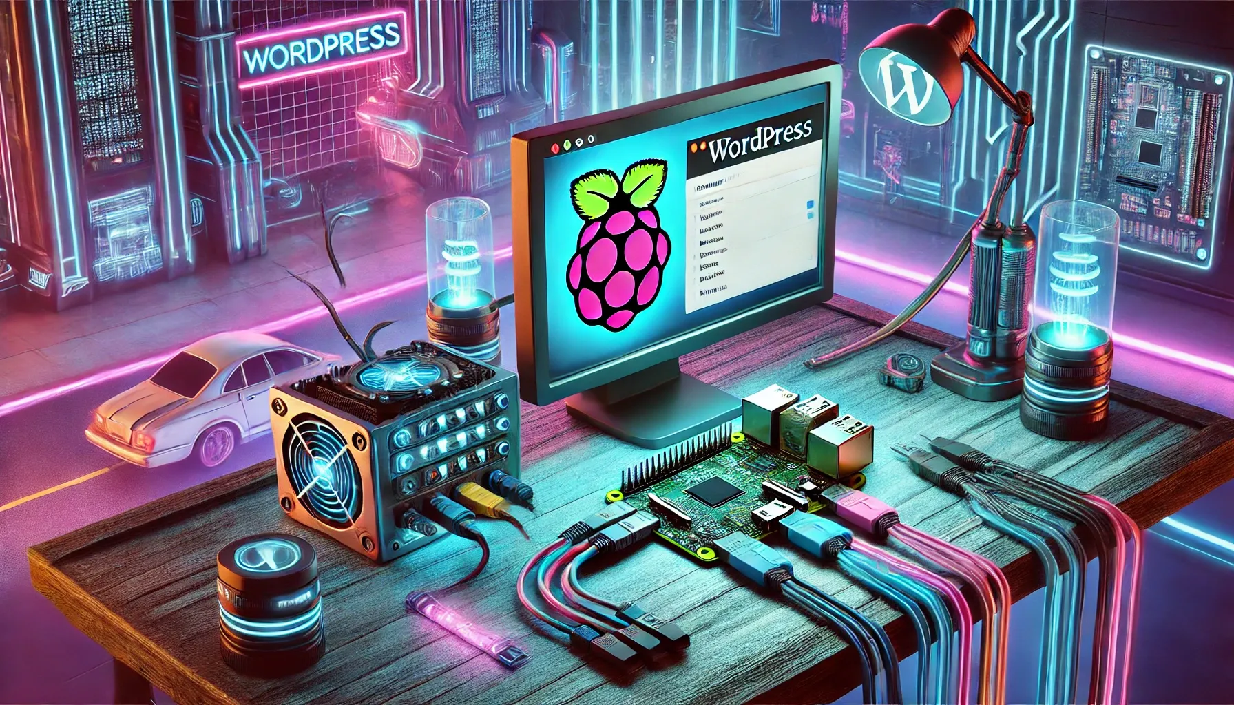 Cyberpunk Raspberry Pi 5 setup with WordPress dashboard and neon lights in a futuristic workspace