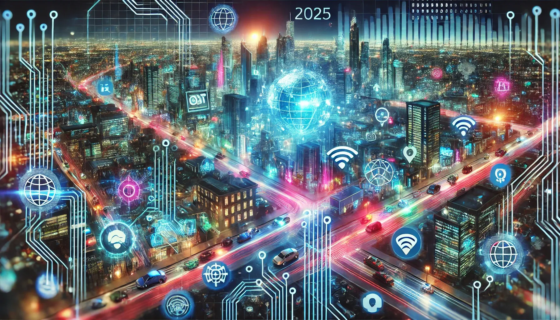 Futuristic cyberpunk city with neon-lit IoT connections linking smart devices, buildings, and data streams