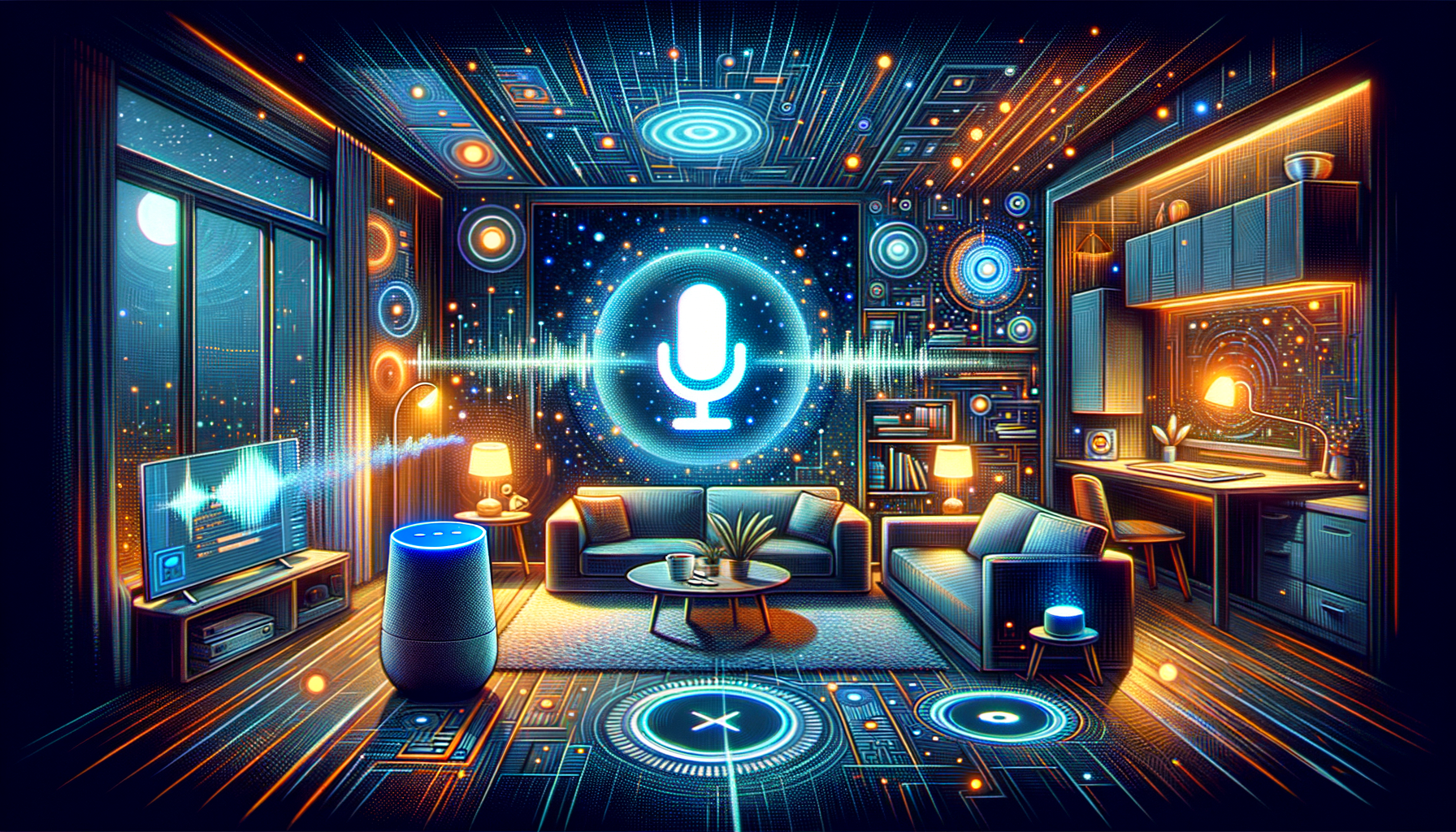 Futuristic smart home with voice assistant integration, glowing circuits, and AI-driven automation for seamless control