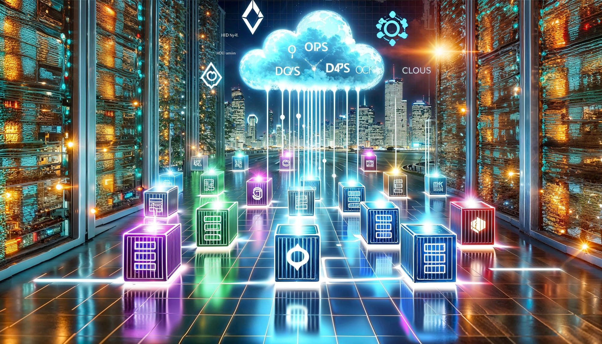 Neon-lit cityscape showcasing containerization ⚡ Glowing, interconnected containers float in a cyberpunk cloud network