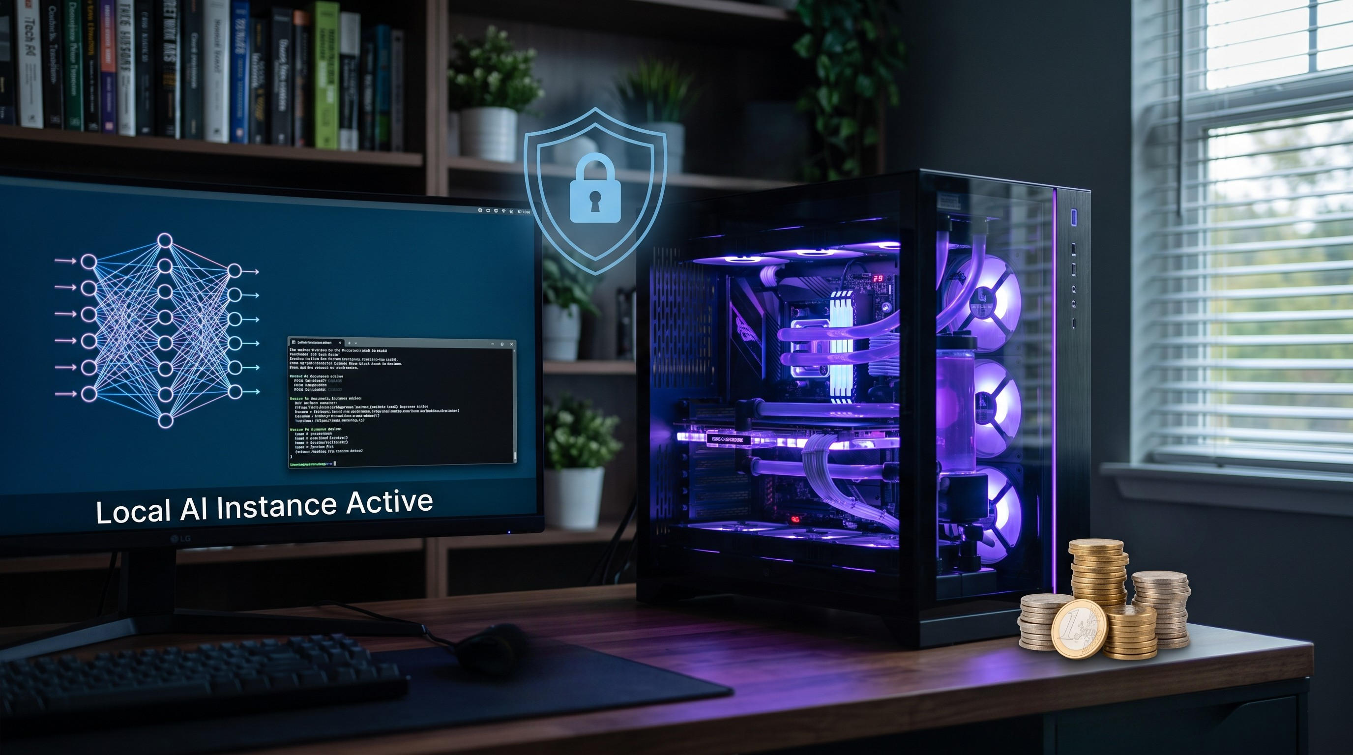 High-end desktop PC running a local AI instance, featuring icons for privacy, control, and cost savings