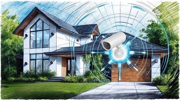 Modern home with security camera over looking front yard, with concentric blue rings radiating outwards 