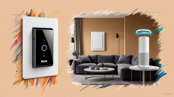 A modern smart home with a Kasa TP-Link Smart Switch on the wall, glowing, and smart gadgets visible in a cozy living room.