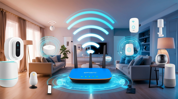 Living room with smart devices—cameras, sensors, plugs, Wi-Fi router—all wirelessly connected, illustrating an IoT smart home