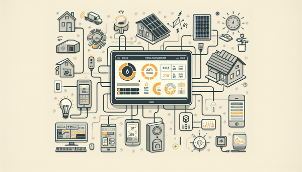 flat vector drawing of Connected Home Energy Management System, solar, wind, batteries and chargers connected to central hub