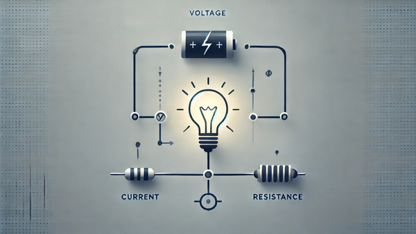 Minimalist circuit diagram showing labeled battery, light bulb, and resistor to explain voltage, current, and resistance