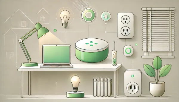 Minimalist smart home setup with Home Assistant Green device on a desk, connected to smart plugs, lights, and a thermostat