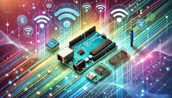 Arduino board with Wi-Fi and Bluetooth modules, surrounded by wireless signals in a futuristic design