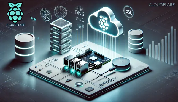 Minimalist artwork of a Raspberry Pi with Cloudflare logos representing secure self-hosted website setup