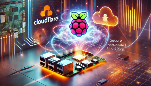 Digital painting of a Raspberry Pi 5 setup with abstract nodes, glowing elements, and Cloudflare-inspired design