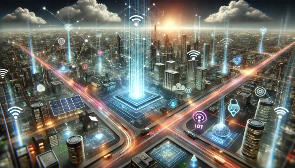 Futuristic cityscape with glowing data streams showcasing edge computing in IoT, reducing latency and optimizing bandwidth