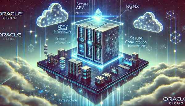 Futuristic digital art of Oracle Cloud servers with glowing data streams, NGINX configs, and a cyberpunk sky