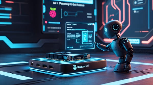 futuristic setup showcases a Raspberry Pi board with a holographic guide and a helpful robot assistant