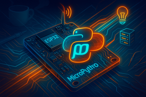 Futuristic neon illustration of an ESP32 board glowing with MicroPython logo, circuit grid background and smart‑home icons